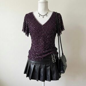 Vintage Purple Silk Beaded Fairy Grunge Glam Top Large